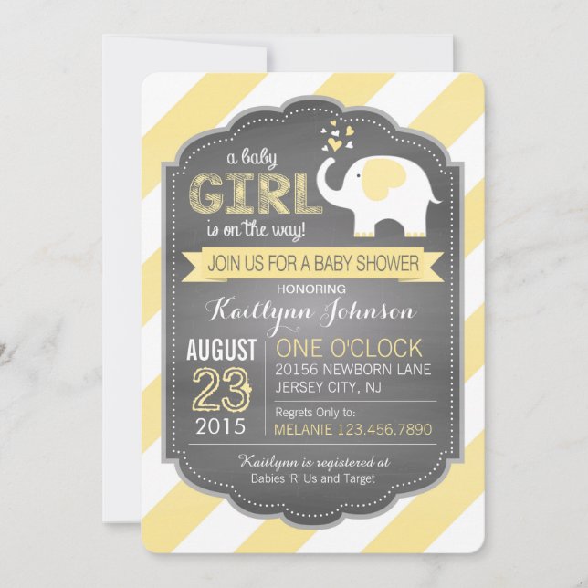 Vitelefant och randbaby shower inbjudningar (Framsida)