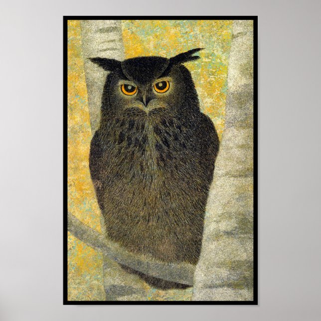 Vitfågelkonst och Horned Uggla Katsuda Yukio-fågel Poster (Framsidan)