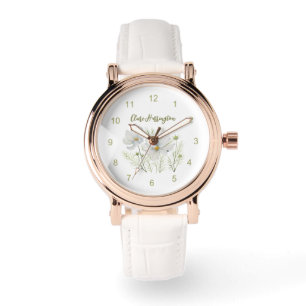 Vitfärgad konmos Blommor Botanisk målning Armbandsur