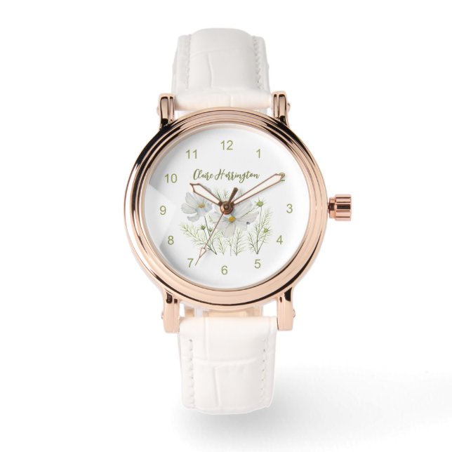Vitfärgad konmos Blommor Botanisk målning Armbandsur (Framsida)