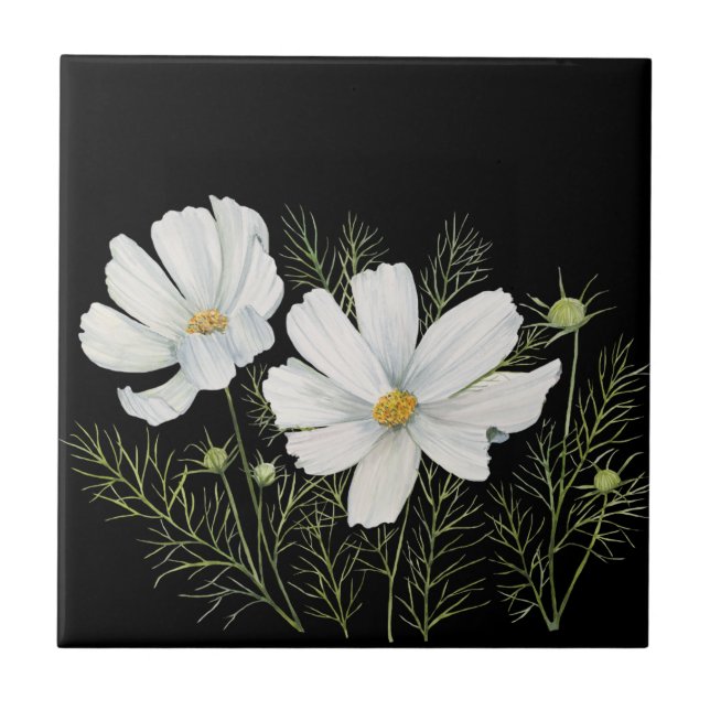 Vitfärgad konmos Blommor Botanisk målning Kakelplatta (Framsidan)