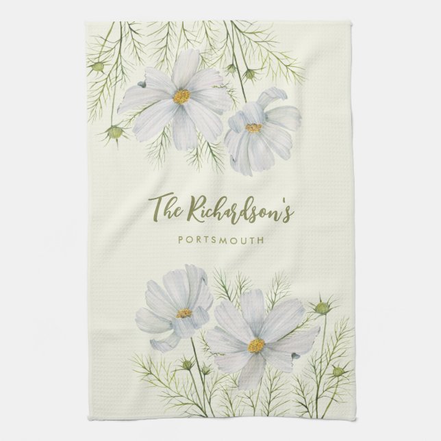 Vitfärgad konmos Blommor Botanisk målning Kökshandduk (Vertikal)