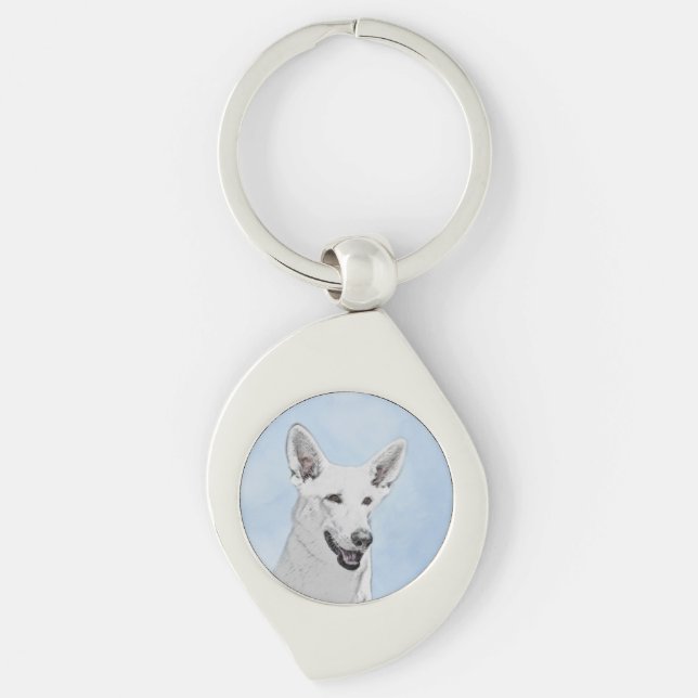 Vitfärgsfärg - Cute Original Hund Art Swirl Silverfärgad Nyckelring (Framsidan)