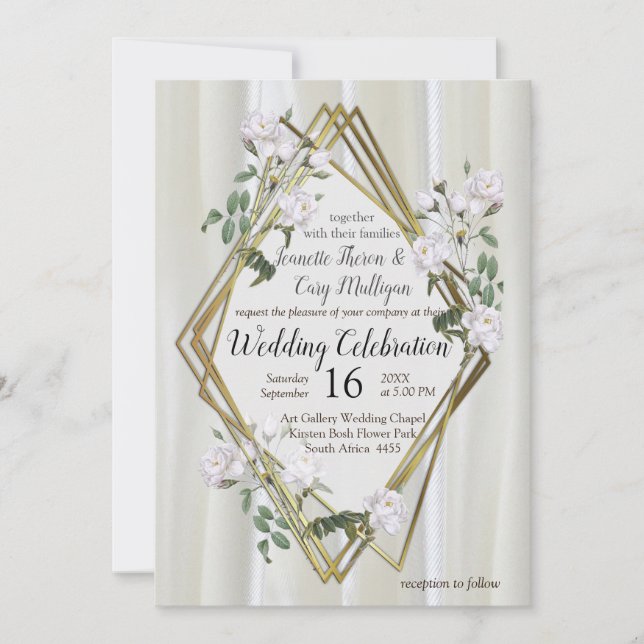 Vitfärgsfärg Ro målad på Champagne Silke Inbjudningar (Framsida)