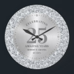 Vitfaux diamanter 25-årsdag stor klocka<br><div class="desc">Bakgrund för vita faux-diamanter och cirkeln för metallisk silver. Anpassadets 25-årsformatmall. Elegantens glamorkonstruktion.</div>