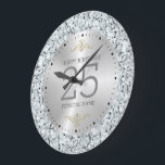 Vitfaux diamanter 25-årsdag stor klocka<br><div class="desc">Bakgrund för vita faux-diamanter och cirkeln för metallisk silver. Anpassadets 25-årsformatmall. Elegantens glamorkonstruktion.</div>