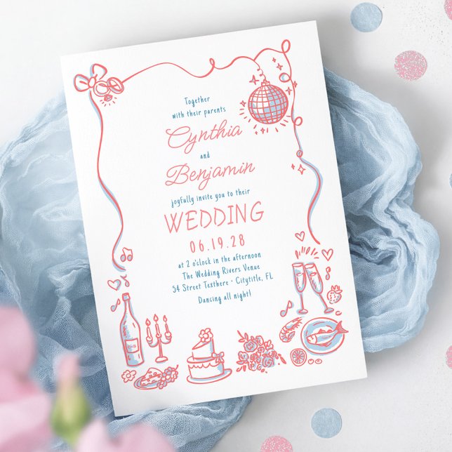 Vitfisk Funky Hand plockade Rosa Blue Bröllop Inbjudningar (Dusty Blue and Pink Whimsical Quirky Retro Wedding Invitation)