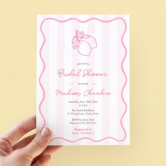 Vitfisk Rosa Citrus Inbjudningskort för möhippan (Pretty pink and white doodles citrus lemon bridal shower invitation with modern wavy border)
