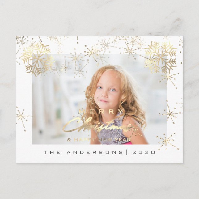 Vitfoto för god jul Lycklig år Guld Snö Vykort (Framsida)