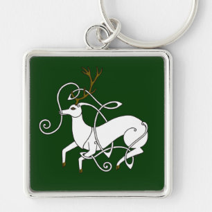 Vitfullvuxen hankronhjortkeychain fyrkantig silverfärgad nyckelring