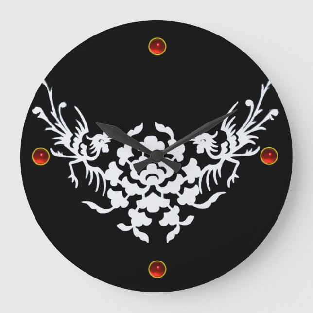 VITGRIFFINS OCH BLOMMOR,Röda ruby Gem Stone Stor Klocka (Framsida)