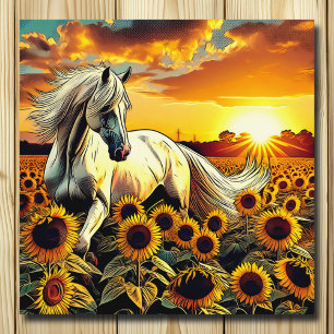Vithäst i Fält av solblommor vid solnedgång Poster