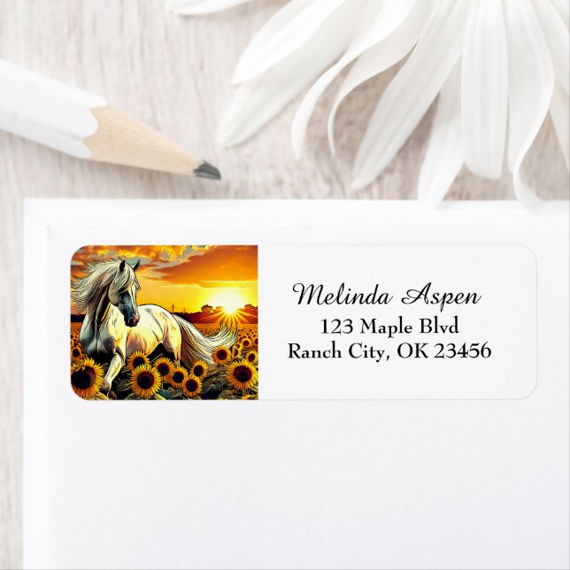 Vithäst i Fält av solblommor vid solnedgång Returadress Etikett (Insitu)
