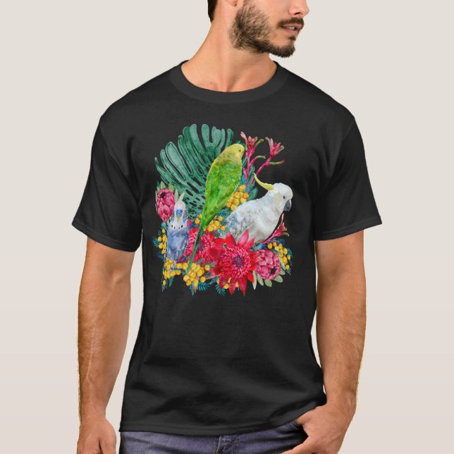Vithuvad kakadua och undulater blom t shirt (Framsida)