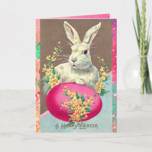VITKANIN MED PÅSKÄGG OCH VÅR BLOMMOR HELGKORT