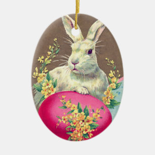 VITKANIN MED PÅSKÄGG OCH VÅR BLOMMOR JULGRANSPRYDNAD KERAMIK