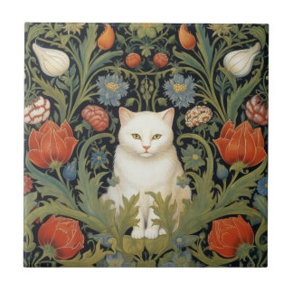 Vitkatt från art nouveau i trädgården kakelplatta