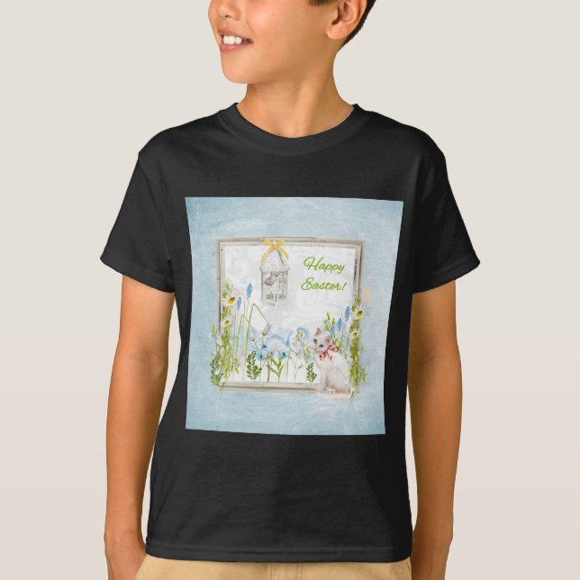 Vitkatt i hållande ögonen på fågel för t-shirt (Framsida)