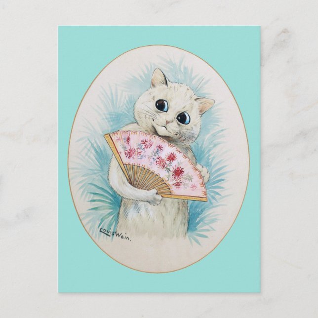 Vitkatt med Fläkt, Louis Wain Vykort (Framsida)