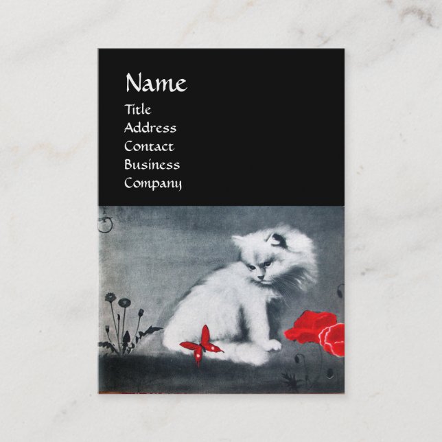 VITKATT MED RÖD SMÖTTMONOGRAM, pärlor Visitkort (Framsida)