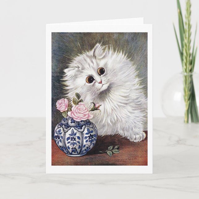 Vitkatt med Rosa ros, Louis Wain Kort (Framsida)