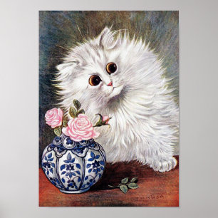 Vitkatt med Rosa ros, Louis Wain Poster