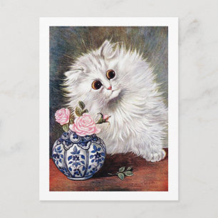 Vitkatt med Rosa ros, Louis Wain Vykort