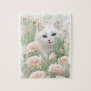 Vitkatt och Rosa Blommor Pussel