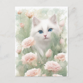 Vitkatt och Rosa Blommor Vykort