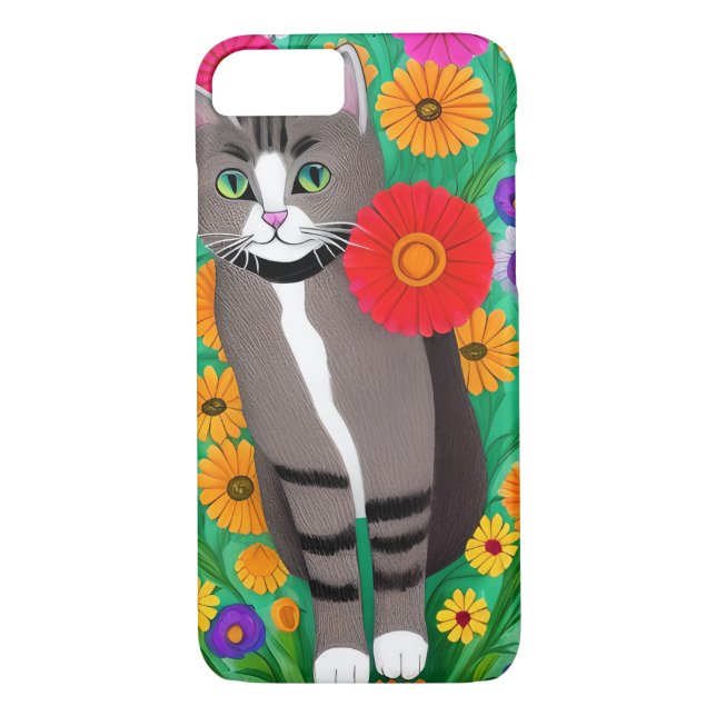 Vitkatt och vit Grått och rödblomma Case-Mate iPhone Skal (Baksida)