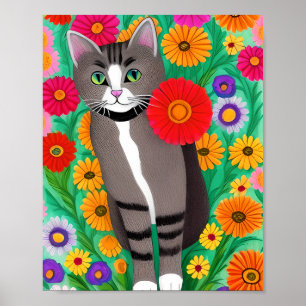 Vitkatt och vit Grått och rödblomma Poster