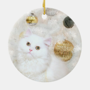 Vitkatt och vitjulgran julgransprydnad keramik