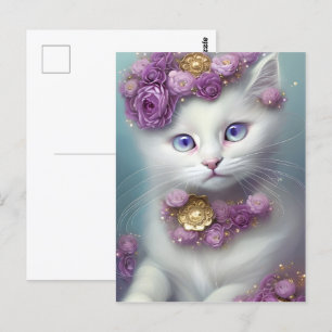 Vitkatt Porträtt, vit Blommigt Vykort