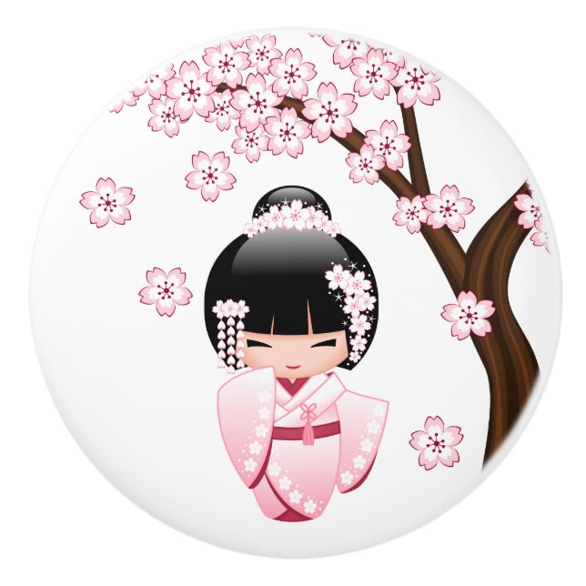 VitKimonoKokeshi docka - gullig Geishaflicka Knopp (Framsidan)