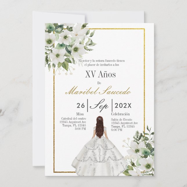 Vitklänning quinceañera inbjudningar (Framsida)