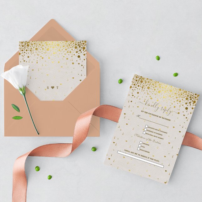 Vitläder Guld Konfetti Sång begär Bröllop OSA Kort (wedding rsvp, white leather gold confetti wedding, trendy elegant modern wedding rsvp)