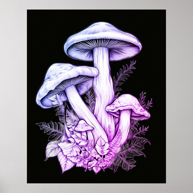 Vitlila Svampar Svart Bakgrund Vägg Poster (Framsidan)