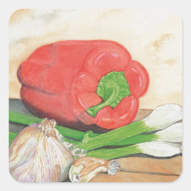 Vitlök, lök och peppar fyrkantigt klistermärke (Framsida)