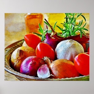 Vitlök, lök, tomatkonstvägg för dekorat. poster