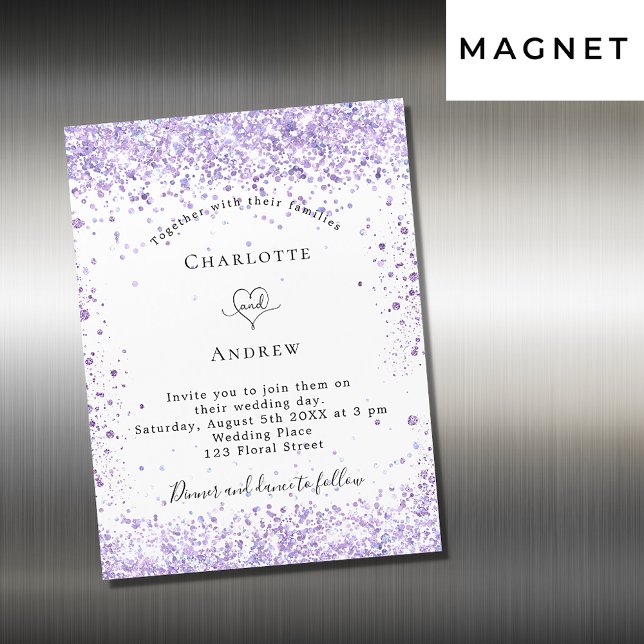 Vitmagnetinbjudan till bröllop violet glitter magnetisk inbjudningskort (Skapare uppladdad)