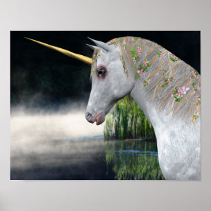 Vitmajs i Mist Fantasy Horse Art Poster