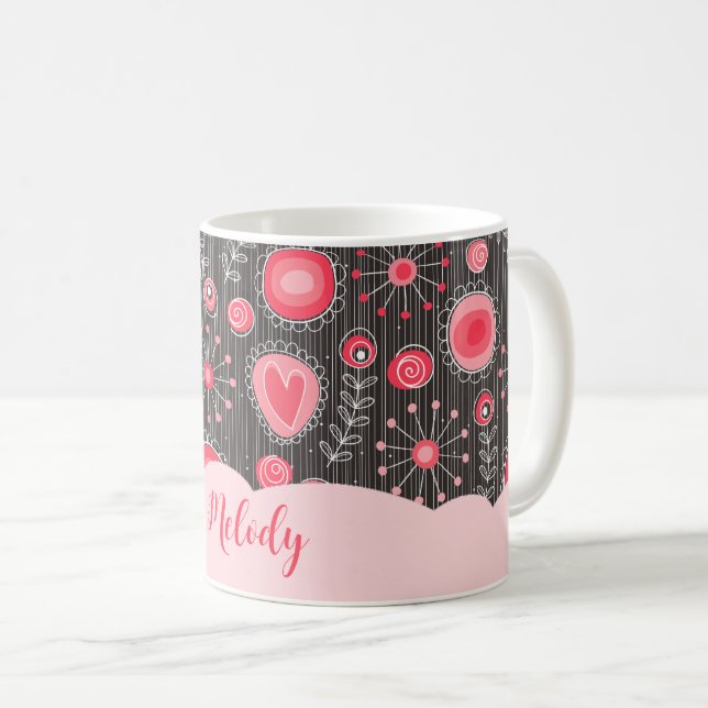 Vitmaktiga röda grått-hjärtan och blommor blommigt kaffemugg (Framsida höger)