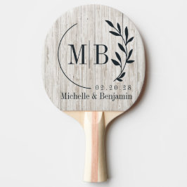 Vitmålad Träbladsvigselmonogram Pingisracket