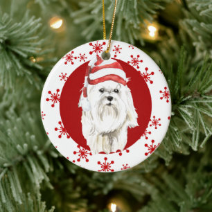 Vitmaltesisk Santa Hat Red Snowflake Julgransprydnad Keramik