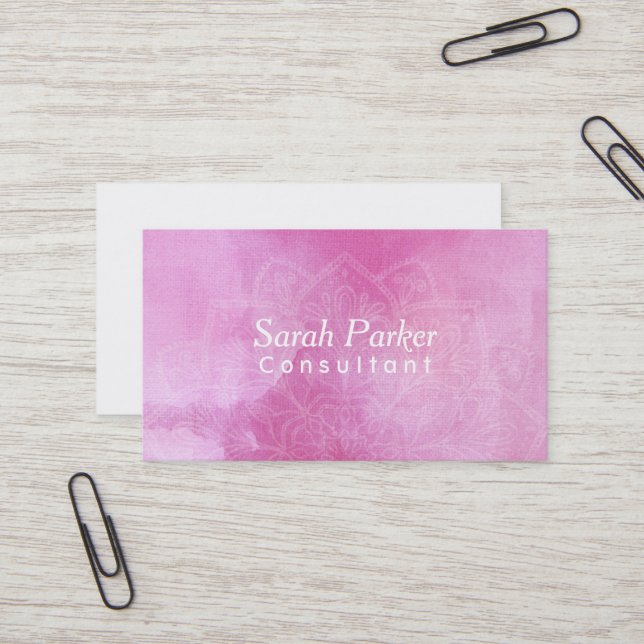 VitMandala över texturerad djupt - rosa vattenfärg Visitkort (Fram/Back In Situ)