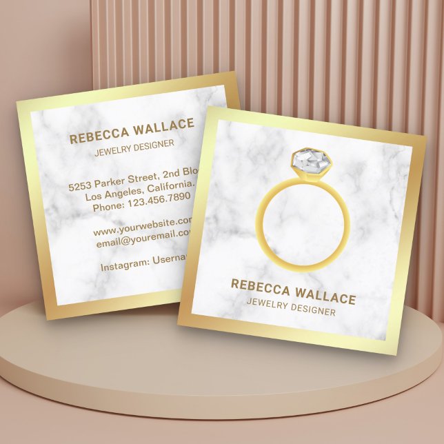 Vitmarmor Guld Diamond Solitaire Ring judar Fyrkantigt Visitkort (Skapare uppladdad)