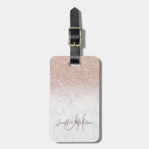 Vitmarmor Personlig vid rosa ros glitter Bagagebricka
