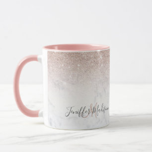 Vitmarmor Personlig vid rosa ros glitter   Mugg
