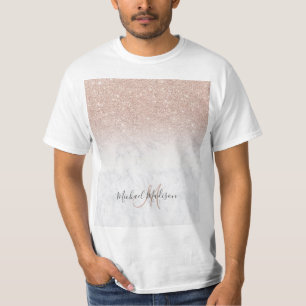 Vitmarmor Personlig vid rosa ros glitter   T Shirt