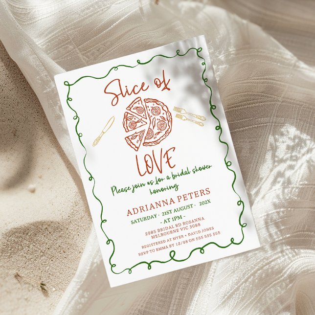 Vitmatiskt illustrationssegment av Möhippan Kärlek Inbjudningar (Slice Of Love Bridal Shower Invitation Whimsical Hand Drawn Illustration, Pizza Cutlery Red Green)
